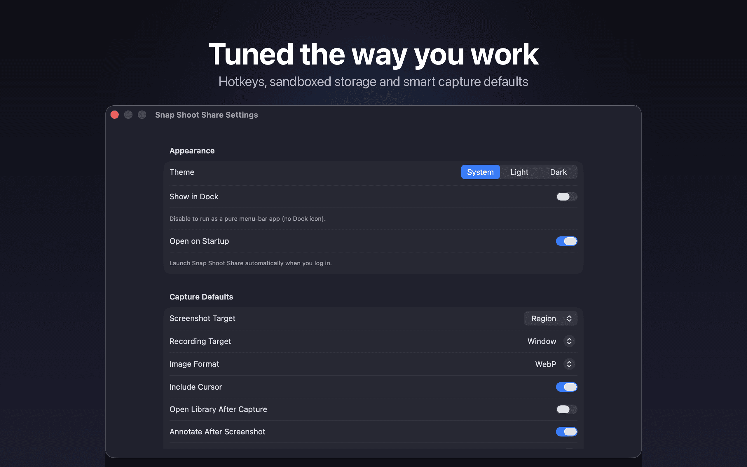 Snap Shoot Share capture defaults and appearance settings