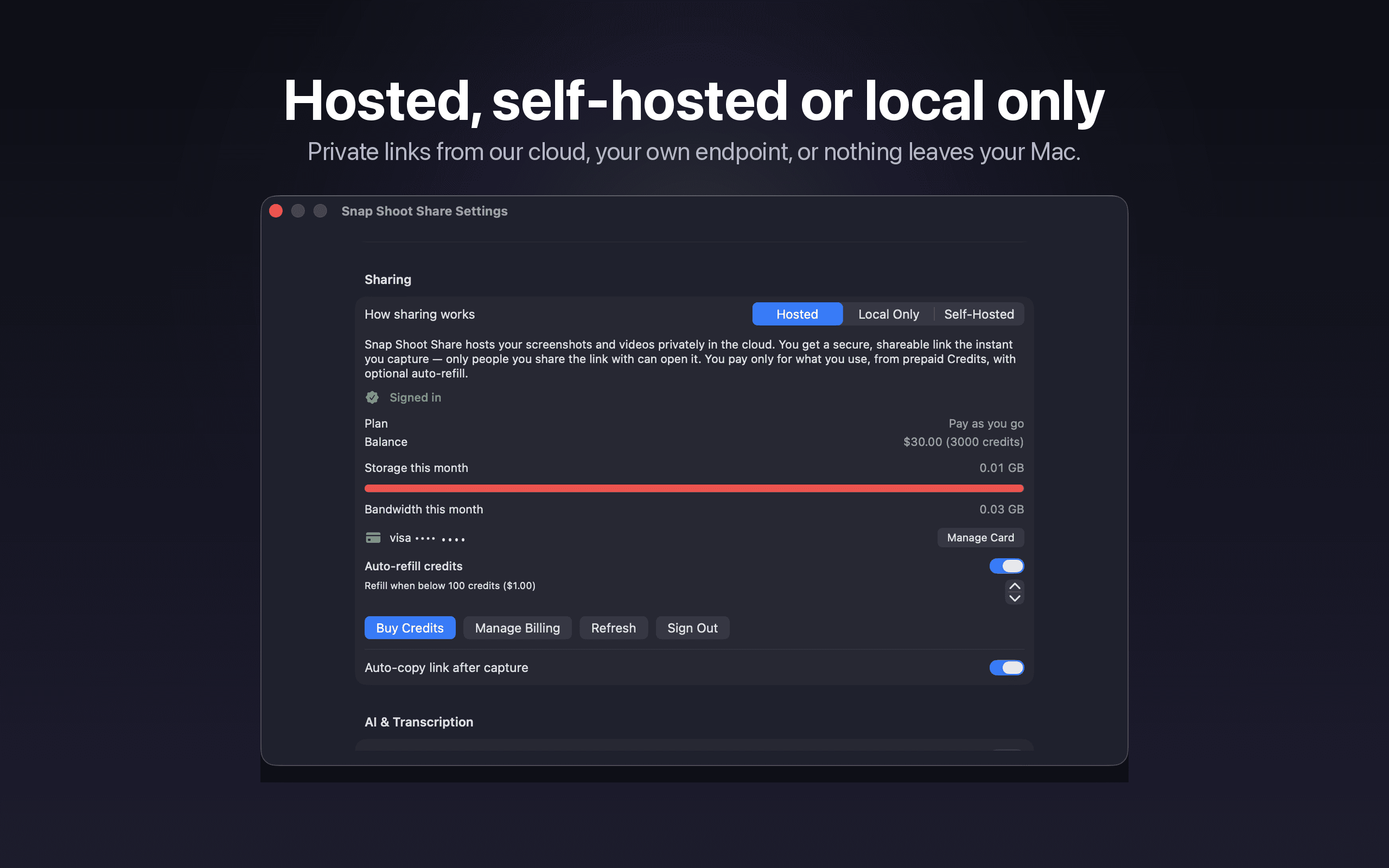 Snap Shoot Share sharing settings — free self-hosting or pay-as-you-go