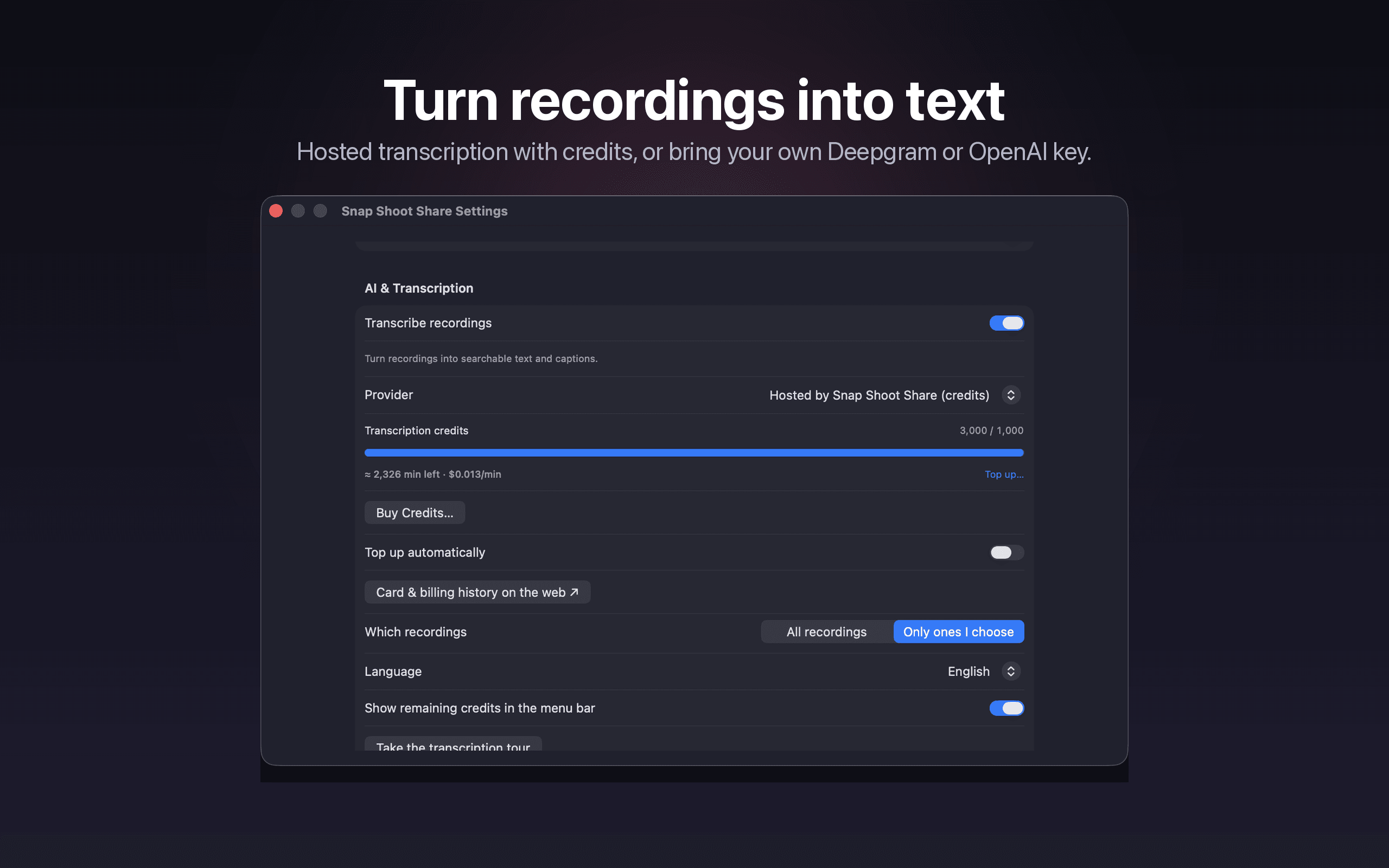 Snap Shoot Share transcription settings — turn a recording into text